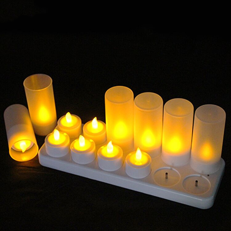 Decor Lighting Pack - แพ็ค 12 ชิ้น LED แบบชาร์จไฟได้เทียนไร้เปลวไฟไฟฟ้าไฟคริสต์มาสวันวาเลนไทน์งานแต่งงานโบสถ์ตกแต่งโต๊ะบ้าน-สีเหลืองอำพัน