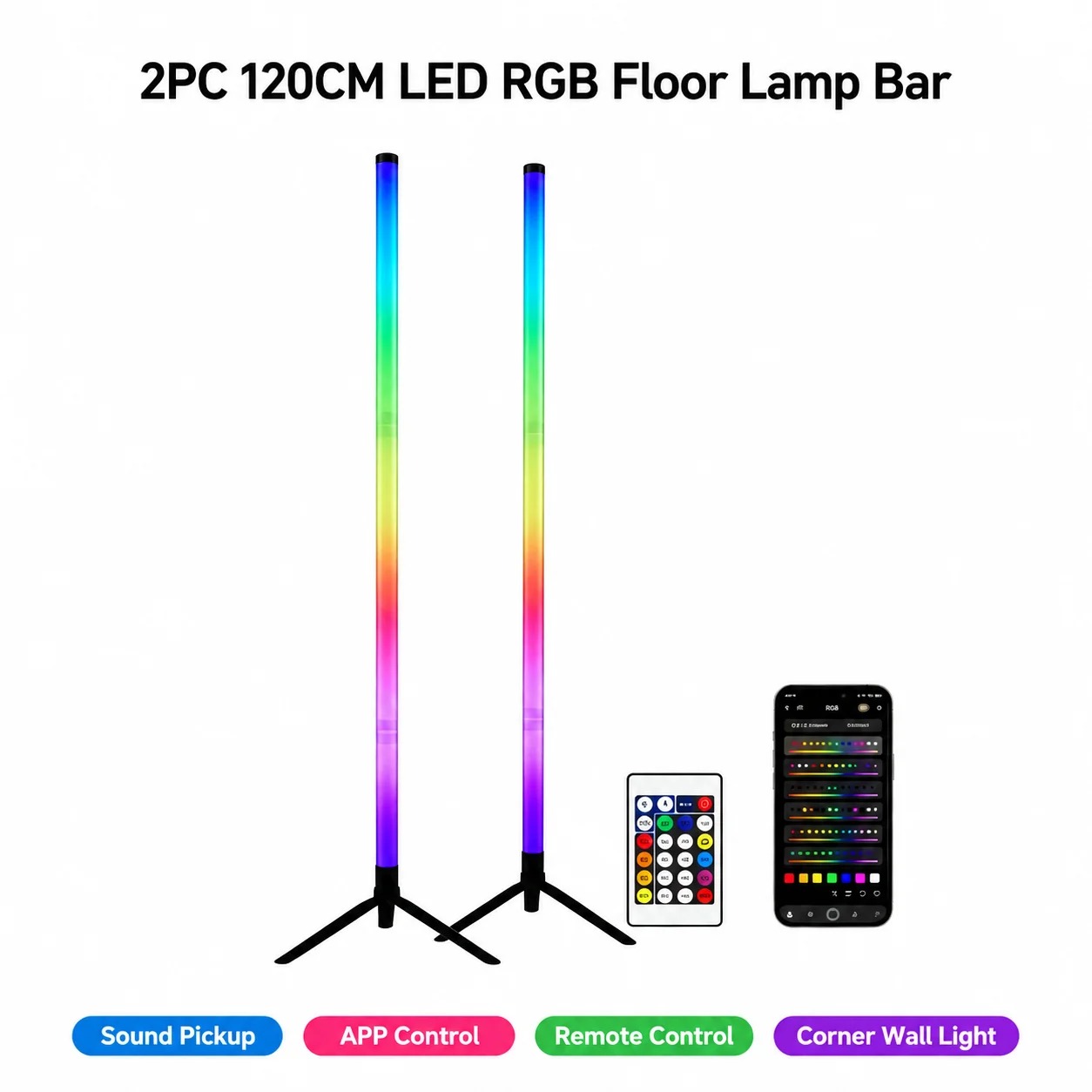 Lighting Decor In Room - โคมไฟตั้งพื้นแบบมุม RGB LED 2 ชิ้น, แถบไฟยาว