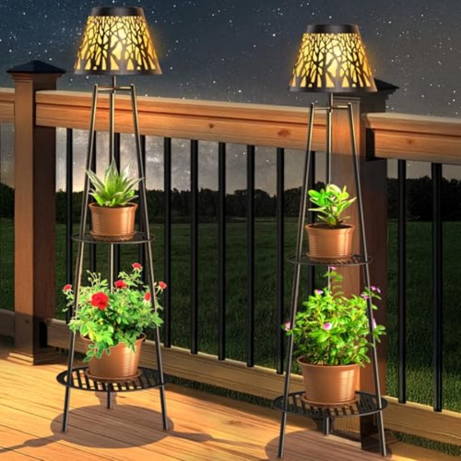 Decor Lighting Pack - โคมไฟตั้งพื้นพลังงานแสงอาทิตย์สำหรับกลางแจ้ง 2 ชิ้น พร้อมขาตั้งต้นไม้ ไฟสวนโลหะกันน้ำ พร้อมชั้นวาง